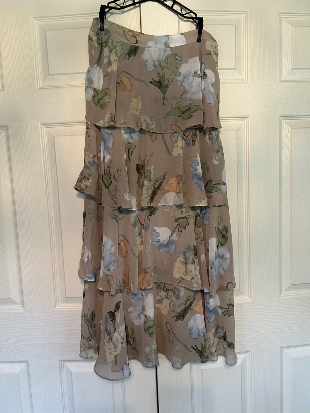 Taupe Floral Tiered Chiffon Skirt with Blue and Green Accents